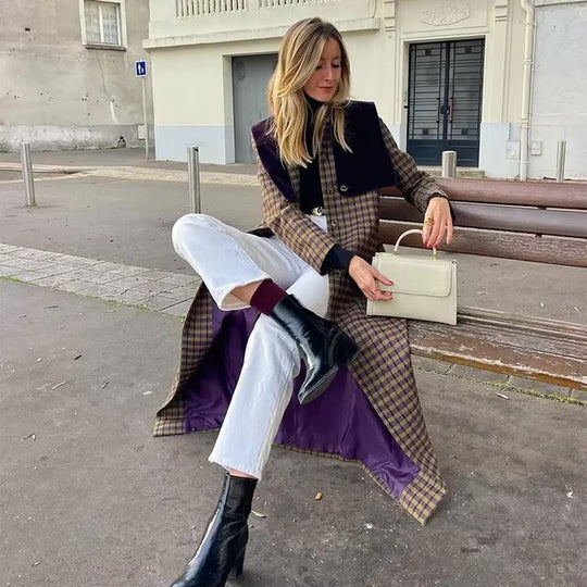 Damen Karierter Trenchcoat mit luxuriösen Veloursdetails R&B