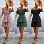 Damen Off-Shoulder Sommerkleid mit rüschenförmigem Saum und elastischem Taillenbund R&B