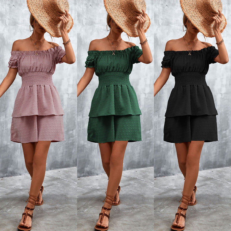 Damen Off-Shoulder Sommerkleid mit rüschenförmigem Saum und elastischem Taillenbund R&B