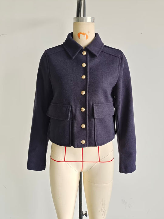 Damen modische Kurzjacke mit praktischen Taschen und goldenen Knöpfen R&B