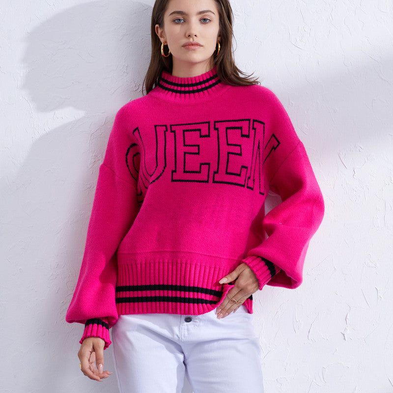 Damen sportlicher Pullover mit hohem Kragen und modischem Schriftzug R&B