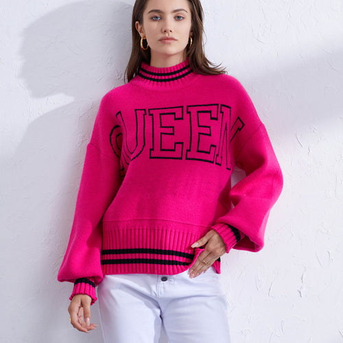Damen sportlicher Pullover mit hohem Kragen und modischem Schriftzug R&B