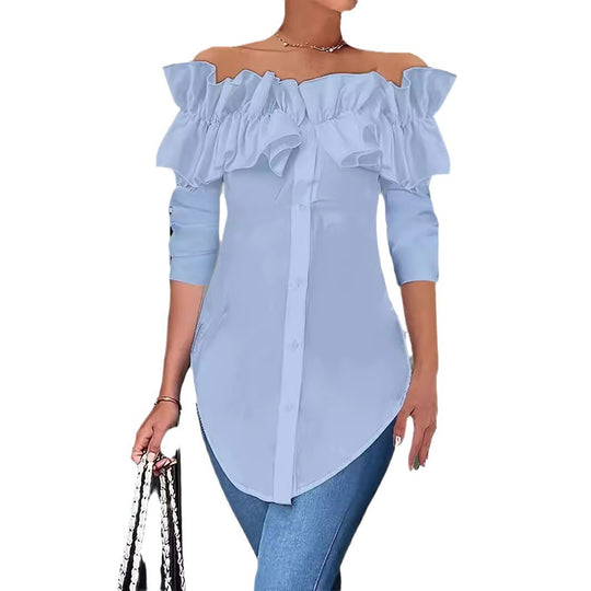 Damen Off-Shoulder Bluse mit Rüschen und Knopfleiste R&B