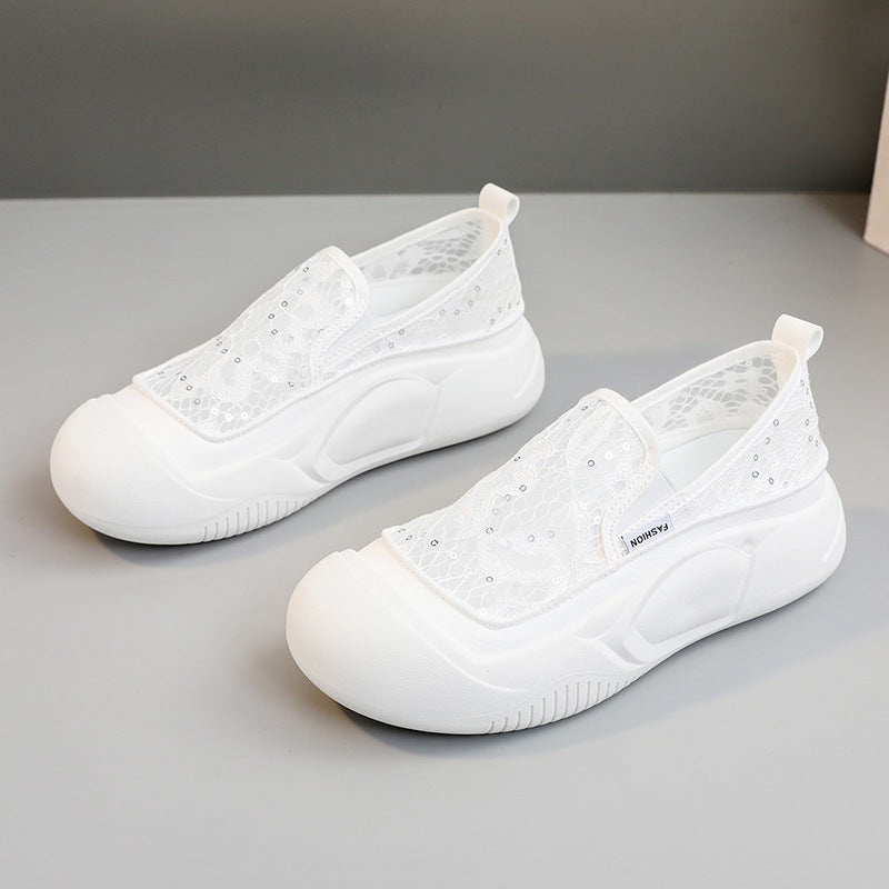 Damen bequeme Slip-On Sneakers mit luftiger Spitze und elastischem Riemen R&B
