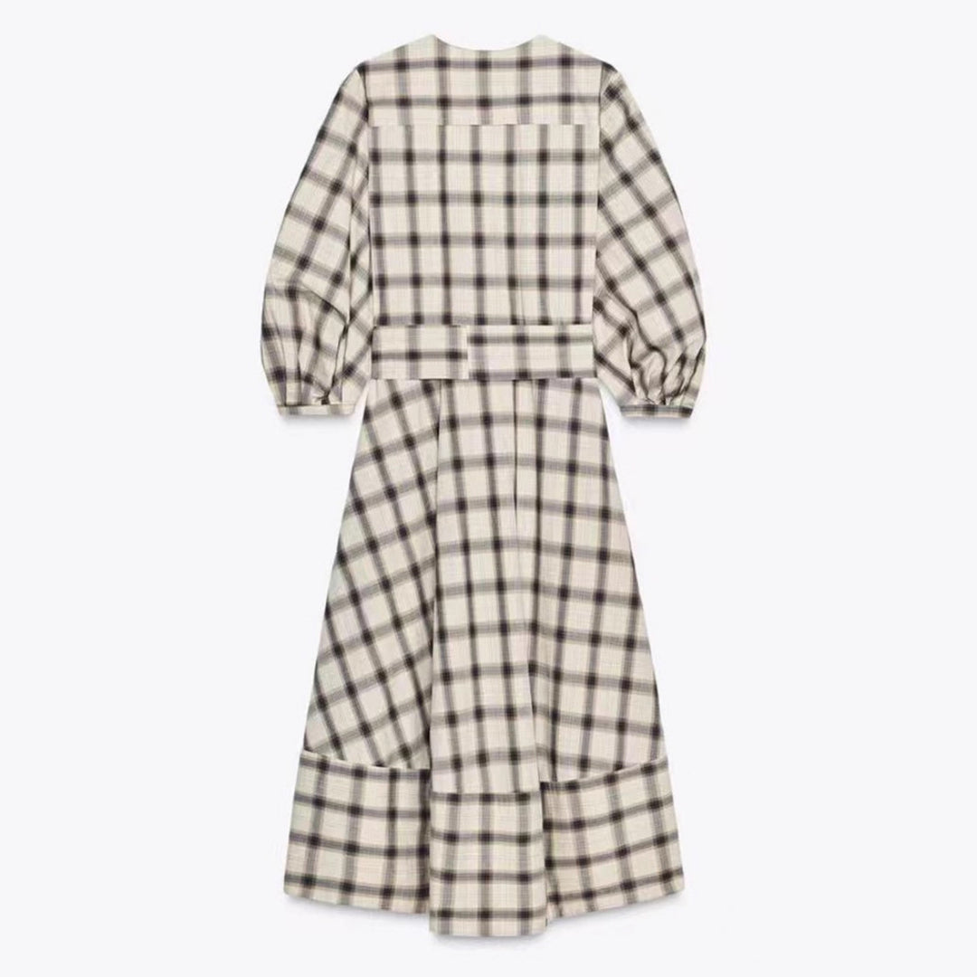 Damen nan kariertes Midikleid mit Ballonärmeln, Taillengürtel und Zierknopfleiste R&B