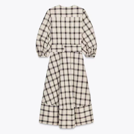 Damen nan kariertes Midikleid mit Ballonärmeln, Taillengürtel und Zierknopfleiste R&B