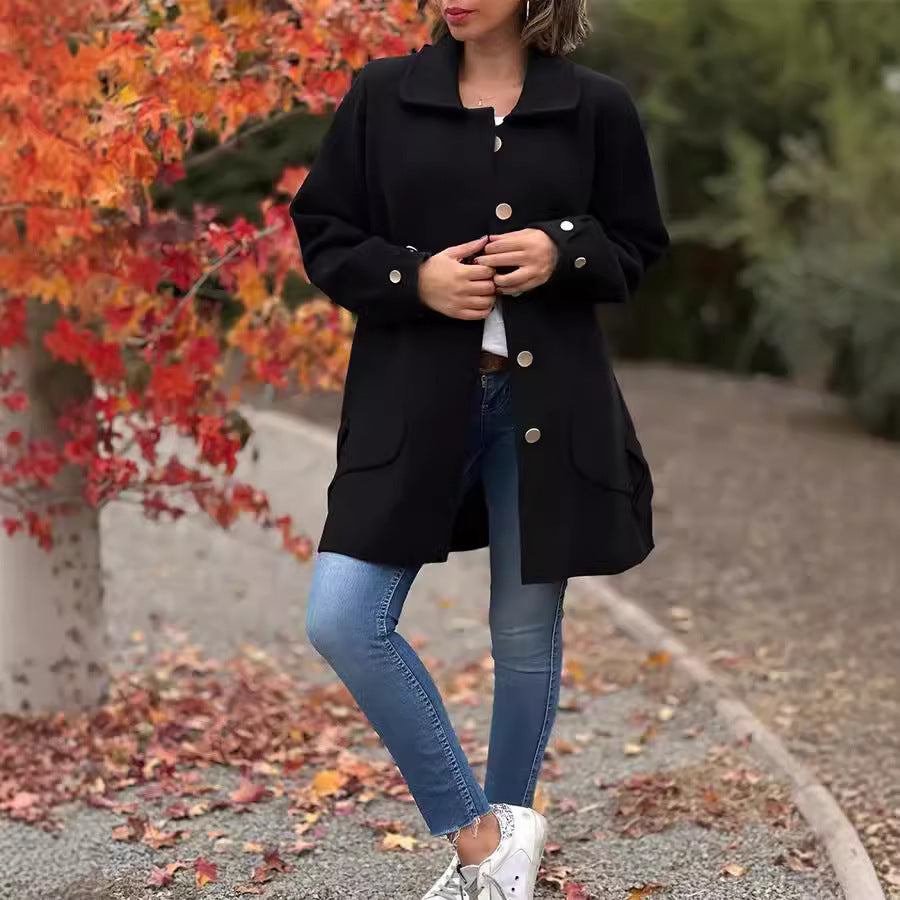 Damen Oversized Wollmantel mit dekorativen Knöpfen und großen Taschen R&B