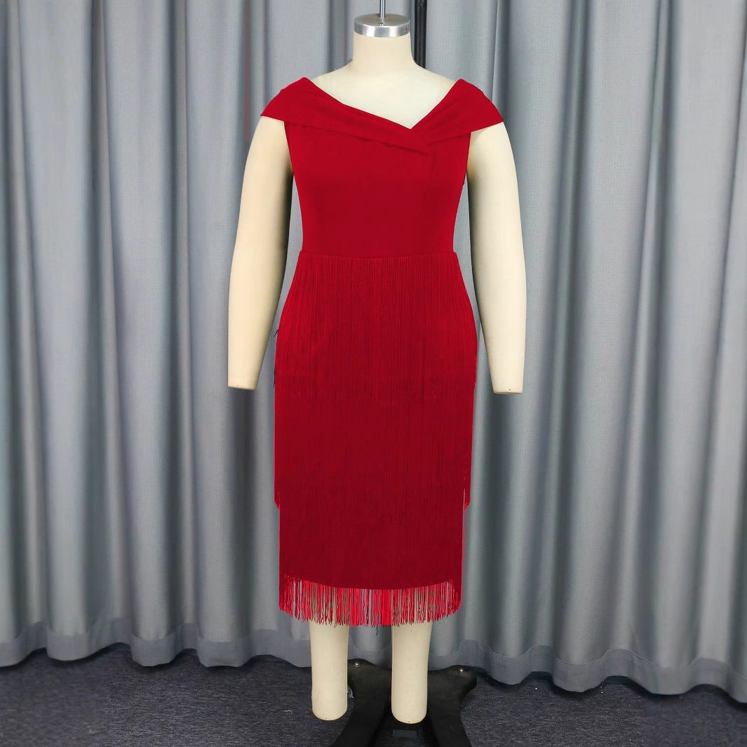 Damen Glamouröses Fransen-Kleid mit elegantem V-Ausschnitt R&B