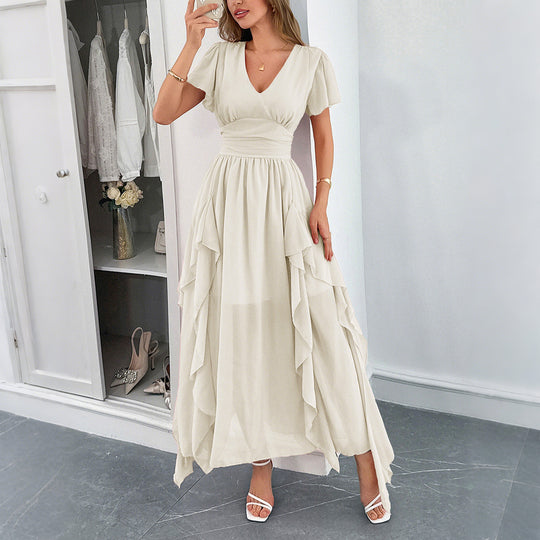 Damen Maxi-Kleid mit fließendem Rüschendesign und V-Ausschnitt R&B