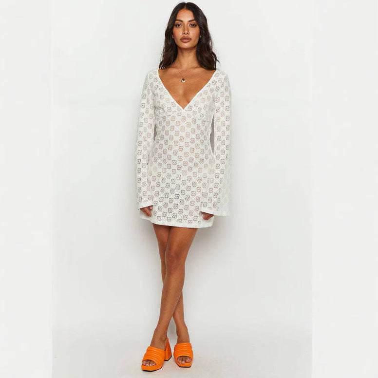 Damen Spitzen-Kleid mit V-Ausschnitt und langen Ärmeln R&B