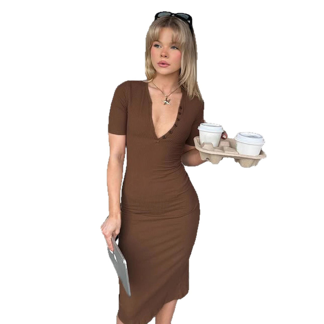 Damen figurbetontes Maxi-Kleid mit Knopfdetails und V-Ausschnitt R&B