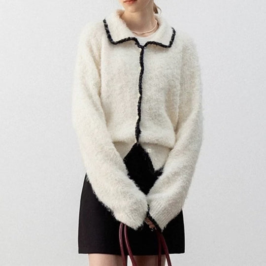 Damen kuscheliger Strickcardigan mit Kontrastdetails und kragen R&B