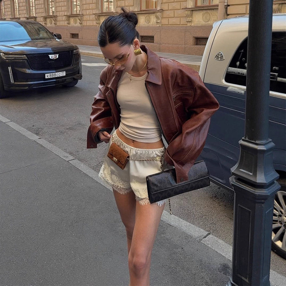 Damen lässige Kunstlederjacke im Oversized-Stil R&B