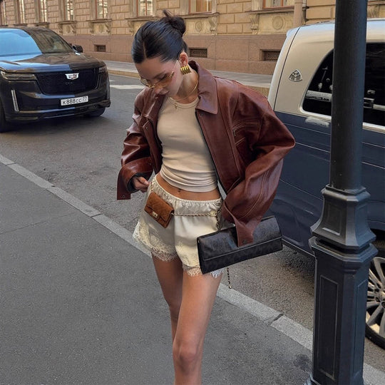 Damen lässige Kunstlederjacke im Oversized-Stil R&B
