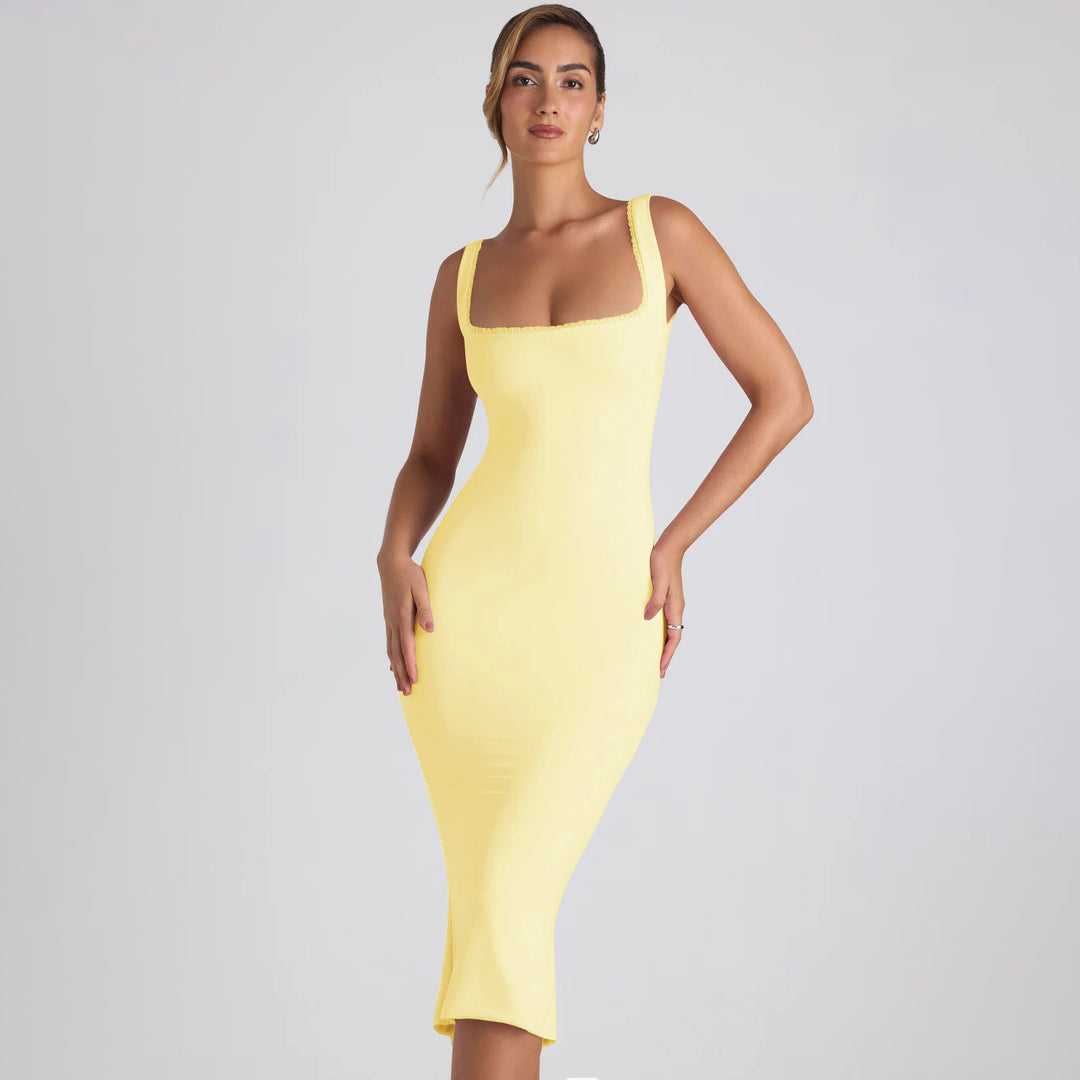 Damen figurbetontes Midikleid mit quadratischem Ausschnitt und Spitzenakzenten R&B