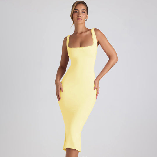 Damen figurbetontes Midikleid mit quadratischem Ausschnitt und Spitzenakzenten R&B