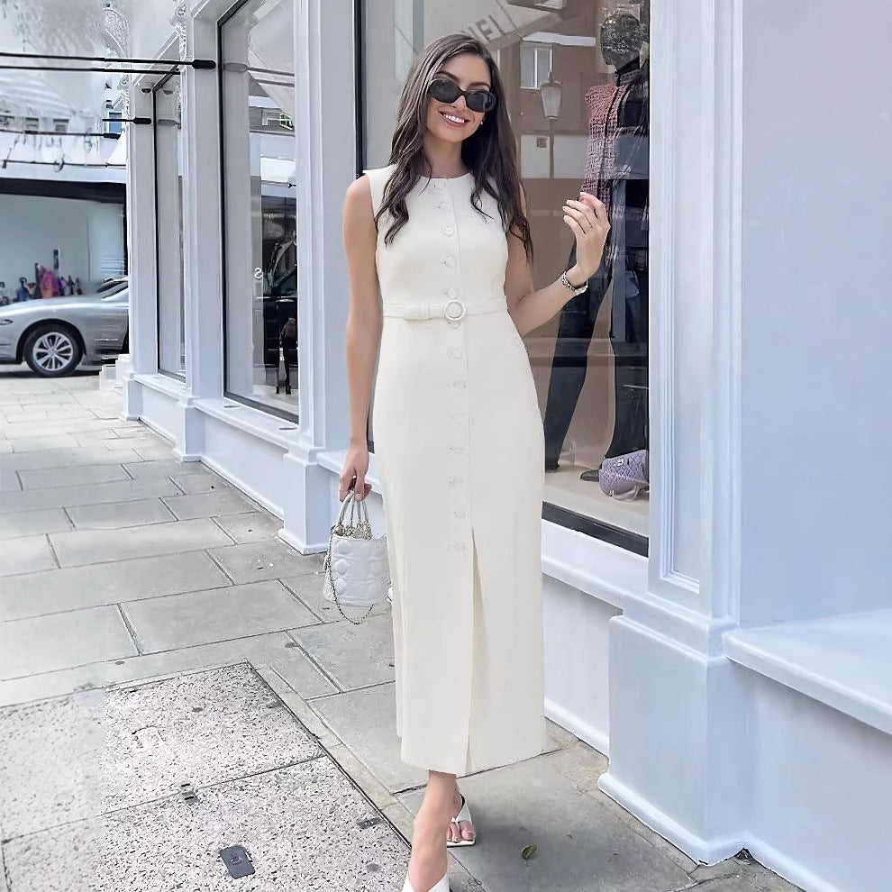 Damen ärmelloses Wickelkleid mit Knopfverschluss und Taillengürtel R&B