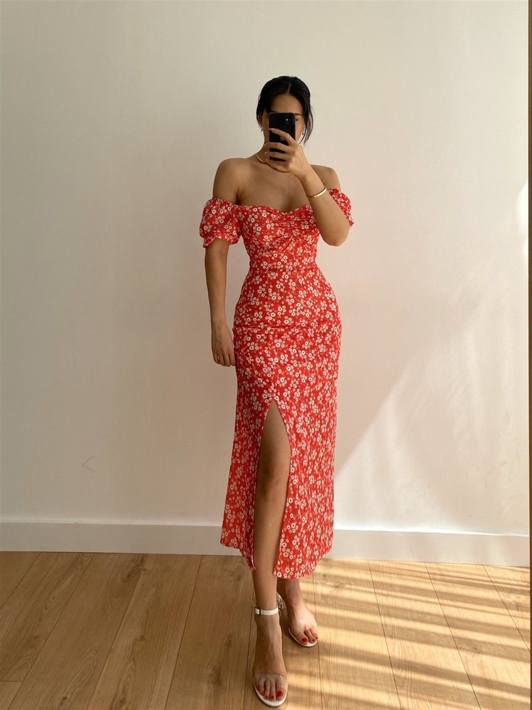 Damen Maxikleid mit schulterfreiem Design und floralem Druck R&B