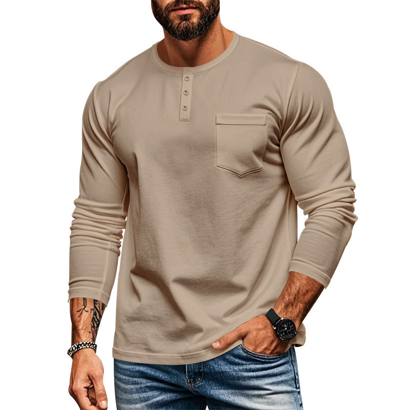 Herren nan schlankes Langarm-Buttonshirt mit kurzer Knopfleiste und Brusttasche R&B