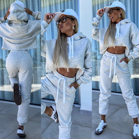 Damen modernes Hoodie-Jogginganzug-Set mit elastischem Bund und Kontrastdetails R&B