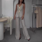Damen elegantes Hosenanzug-Set mit tailliertem Blazer und weit geschnittenen Hosen R&B