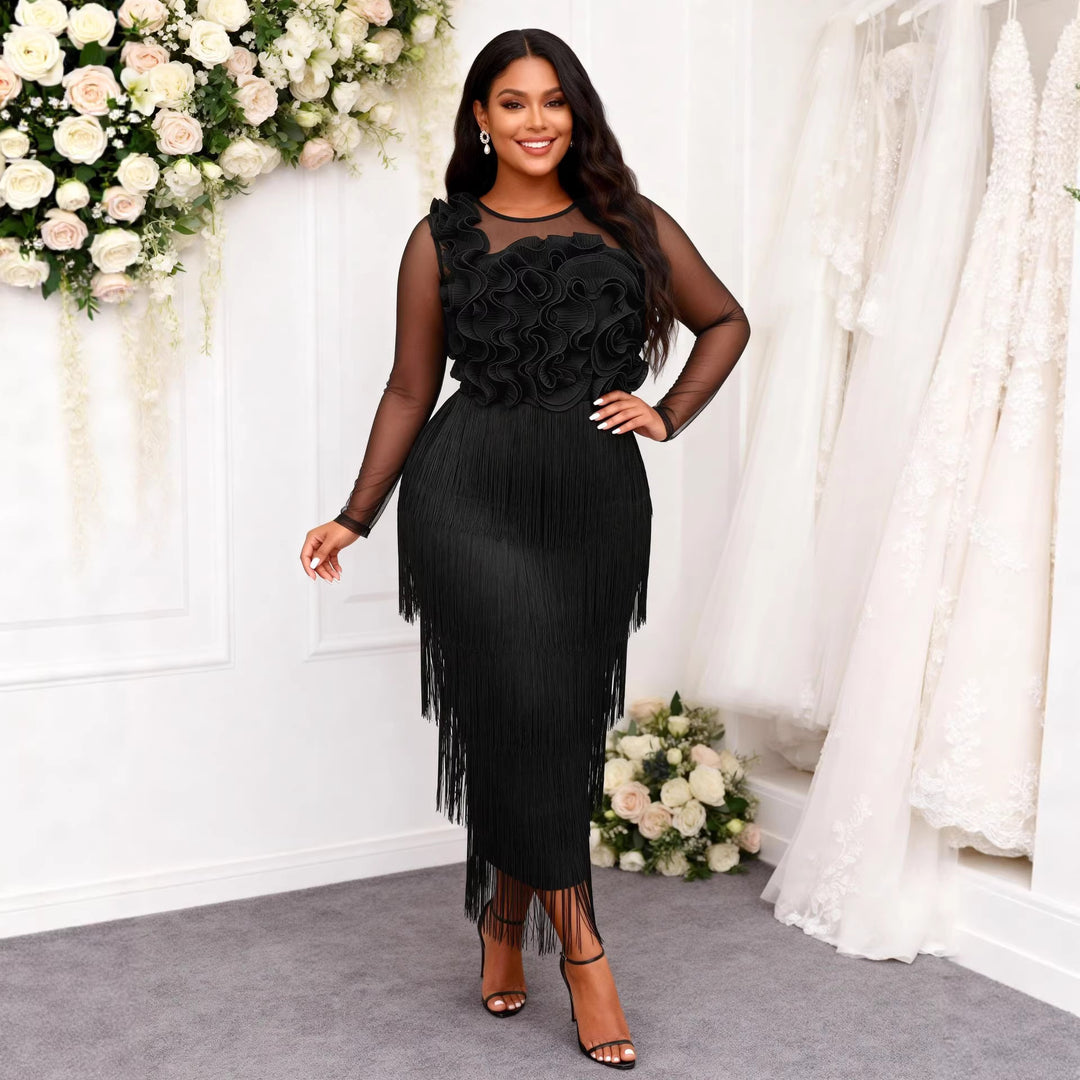 Damen figurbetontes Kleid mit voluminösen Rüschen und Fransen R&B