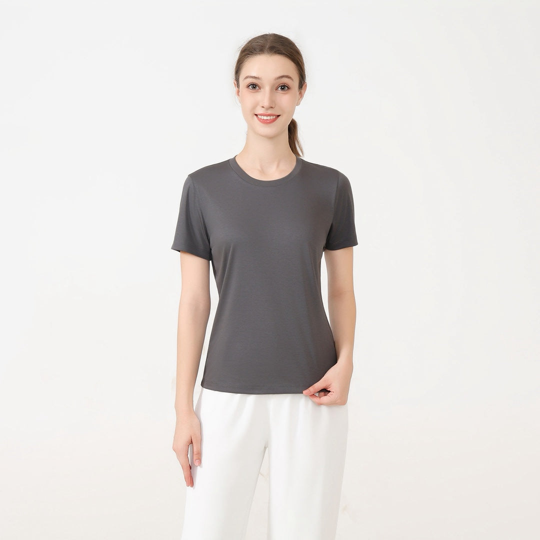 Damen klassisches Rundhals Baumwoll T-Shirt mit kurzem Arm und figurfreundlichem Schnitt R&B
