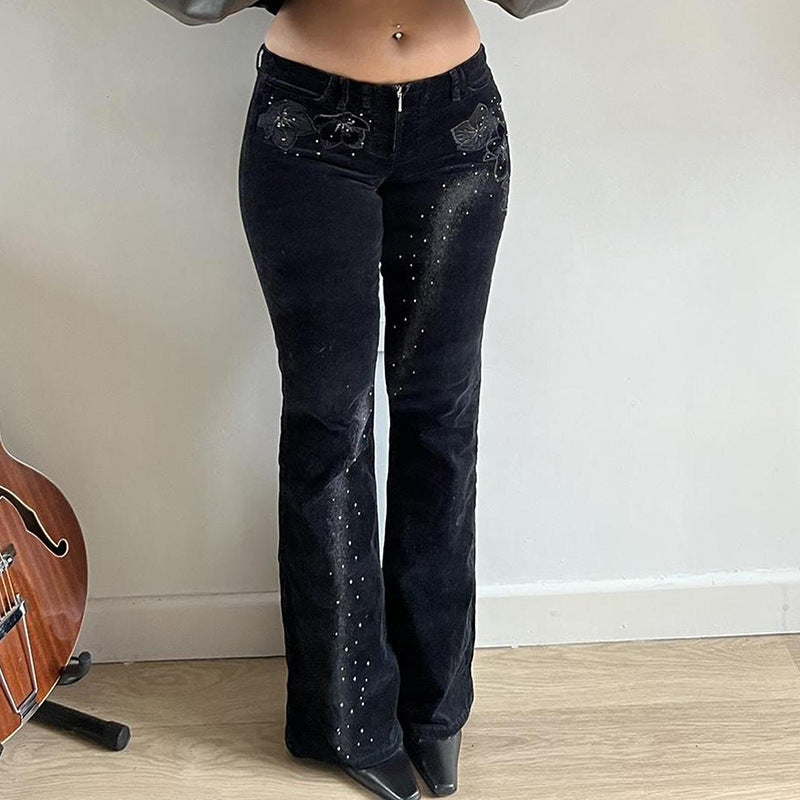 Damen Schlaghose mit floralem Design und Glitzerelementen R&B
