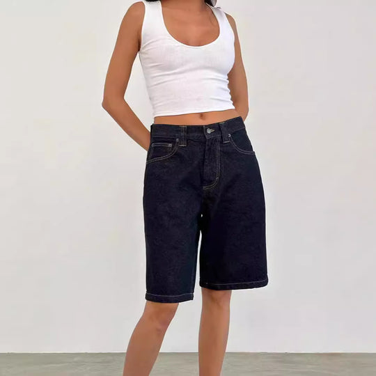 Damen lässige Denim-Shorts mit weitem Schnitt und hohen Seitentaschen R&B