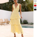 Damen Elegantes Maxikleid mit voluminösen Rüschen und tiefem V-Ausschnitt R&B