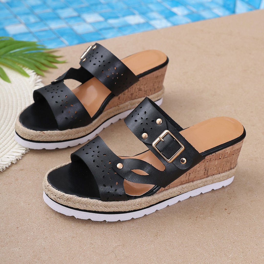 Damen Wedge-Pantoletten mit modischen Schnallen und floralem Cut-Out-Design R&B