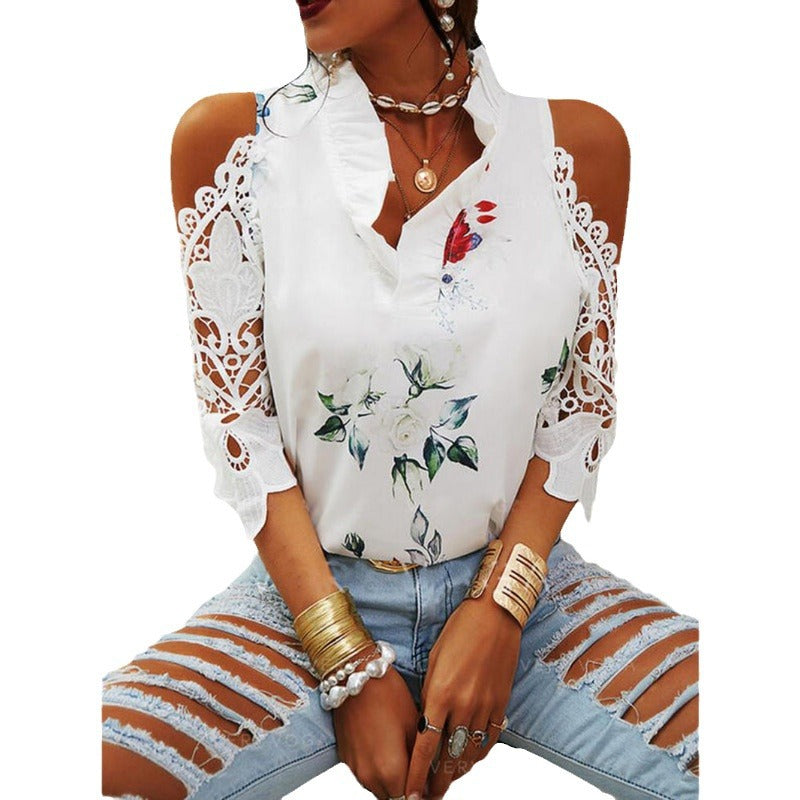 Damen Bluse mit Cut-Out-Ärmeln und floralem Design