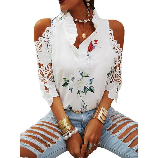 Damen Bluse mit Cut-Out-Ärmeln und floralem Design R&B