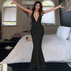 Damen Elegantes Maxikleid mit tiefem Ausschnitt und raffinierten Rüschendetails R&B
