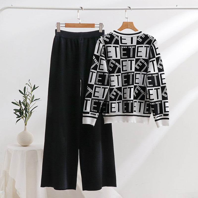 Damen lässiges Strick-Loungewear-Set mit grafischem Muster und weitem Schnitt R&B