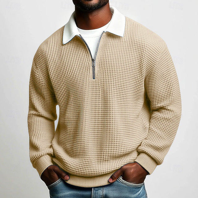 Herren nan strukturierter Waffelstrick-Pullover mit Polokragen und kurzem Reißverschluss R&B