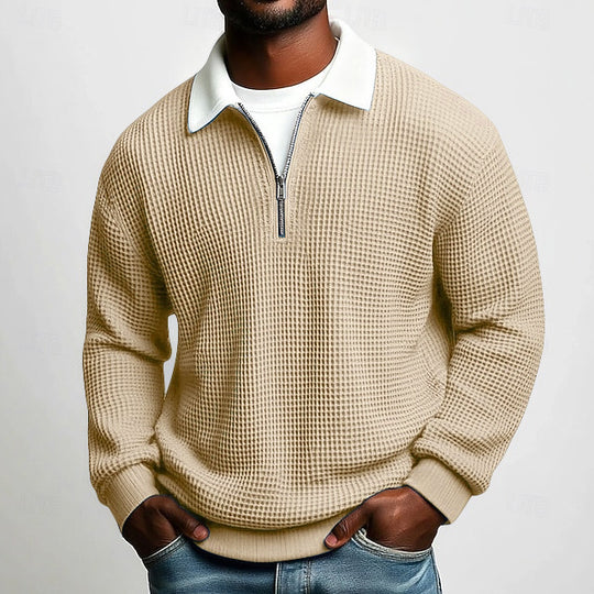 Herren nan strukturierter Waffelstrick-Pullover mit Polokragen und kurzem Reißverschluss R&B
