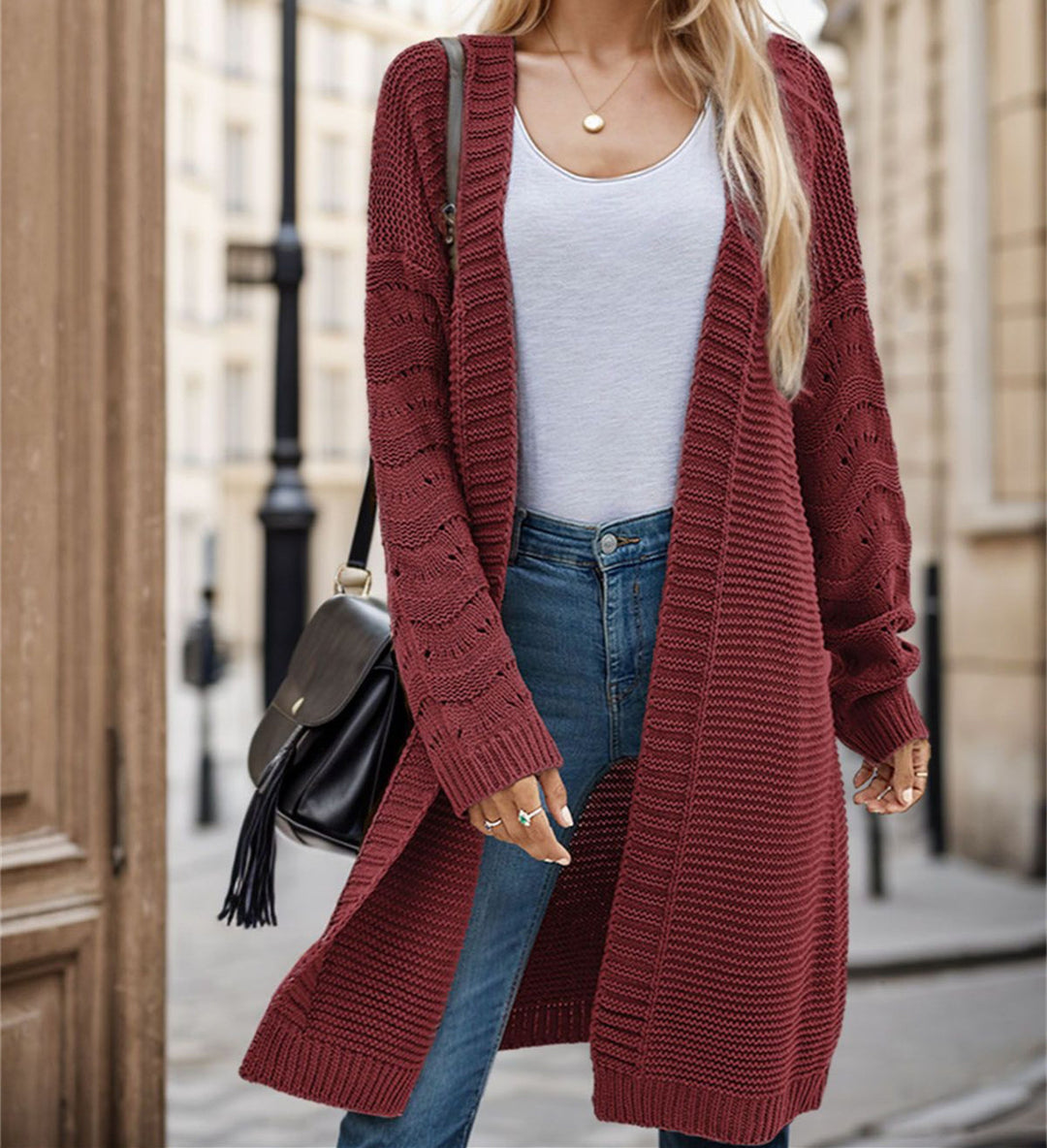 Damen Langer Strickcardigan mit luftiger Maschenstruktur und offener Front R&B