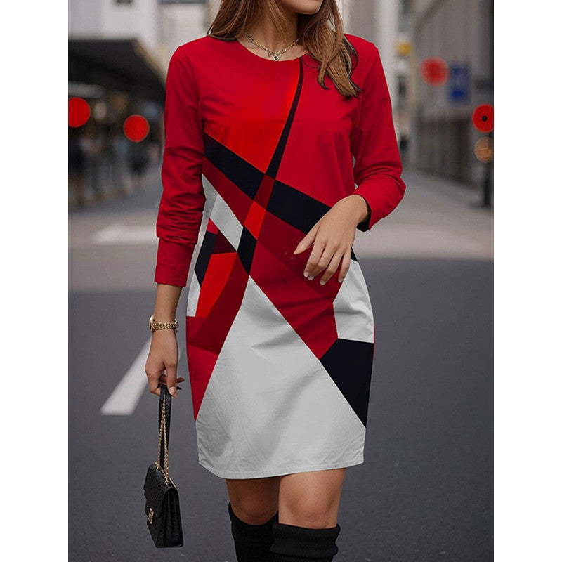 Damen Modisches Kleid mit geometrischem Muster und langen Ärmeln R&B