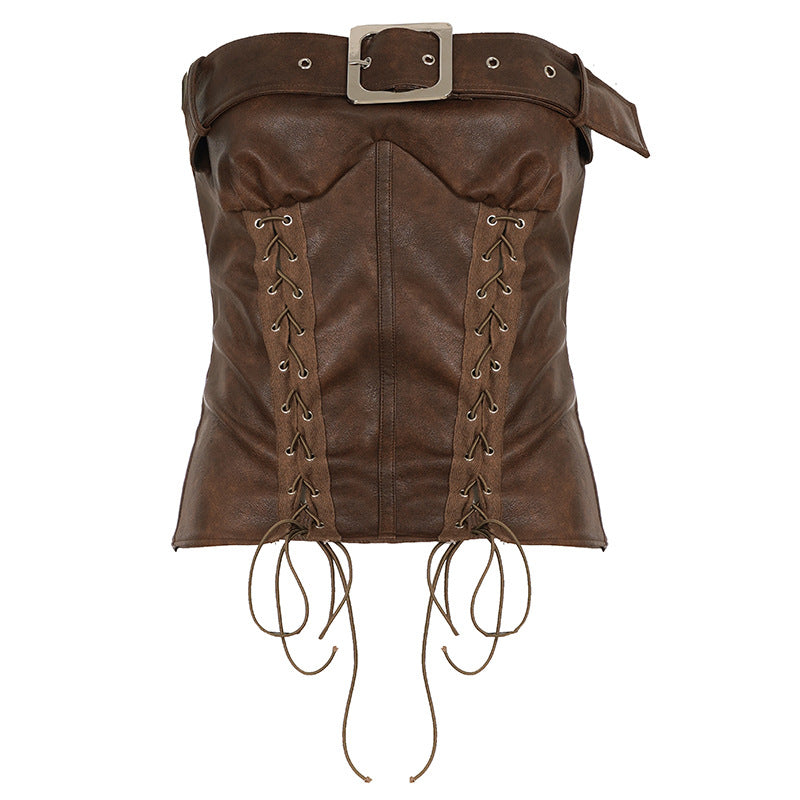 Damen Leder-Corsage mit Schnüroptik und dekorativem Gürtel R&B