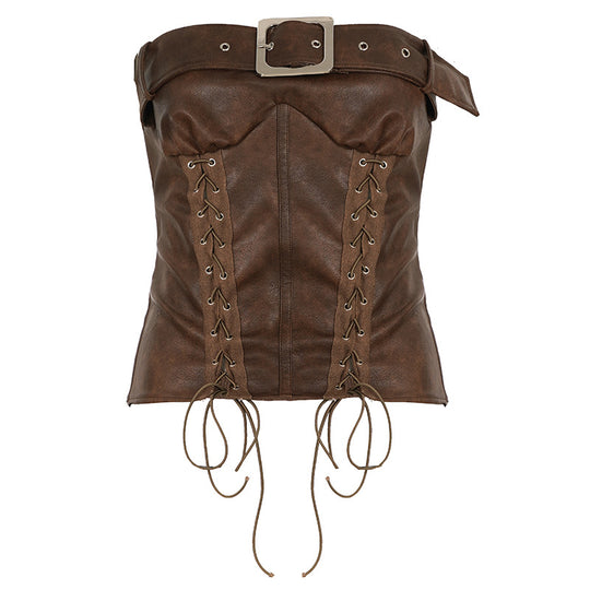 Damen Leder-Corsage mit Schnüroptik und dekorativem Gürtel R&B