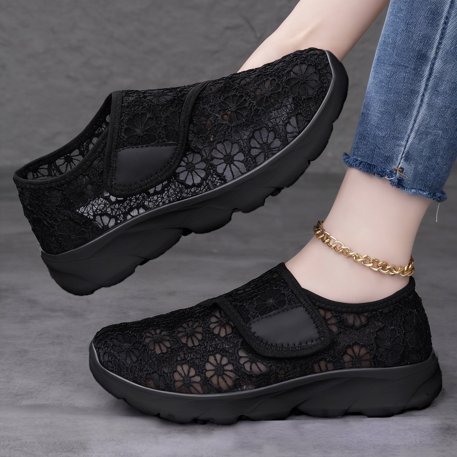 Damen Elegante und dekorative Slip-On Schuhe mit zusätzlichem Klettverschluss