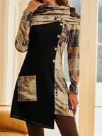 Damen modisches Tunika-Kleid mit kunstvollem Patchwork-Design und Knopfdetails