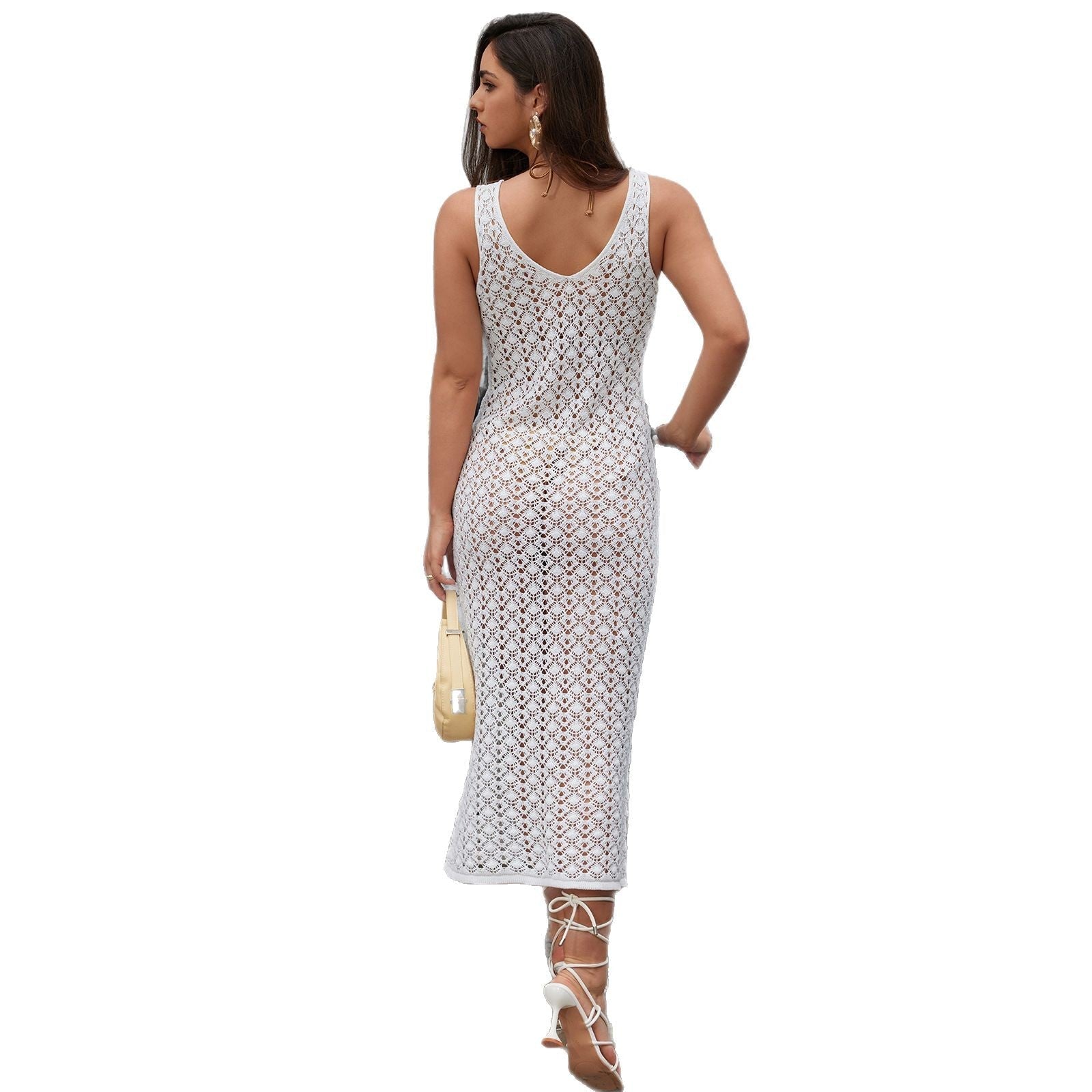 Damen Elegantes Netzkleid mit tiefem V-Ausschnitt und Knopfdetails