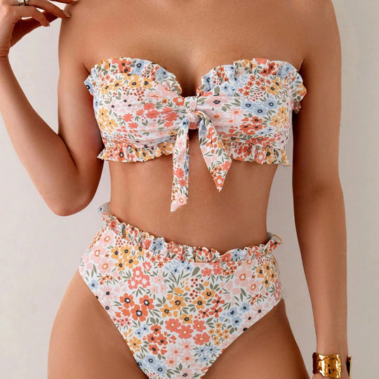 Damen Bikini-Set mit romantischen Rüschendetails und hohem Taillenbund R&B