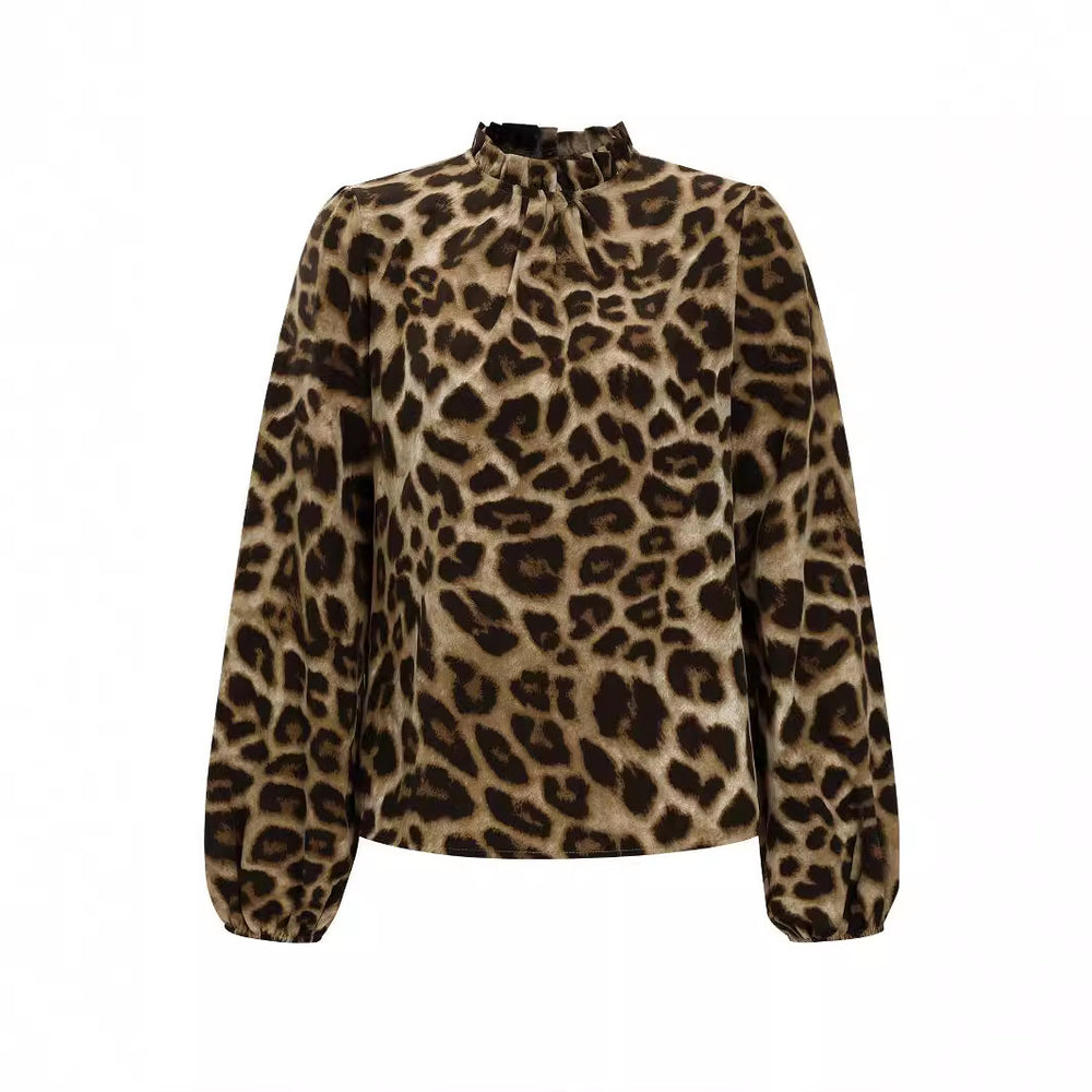 Damen Bluse mit elegantem Leopardenmuster und Rüschenkragen R&B