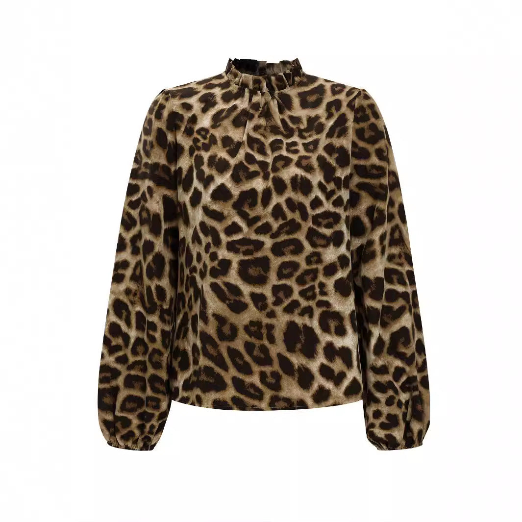 Damen Bluse mit elegantem Leopardenmuster und Rüschenkragen R&B