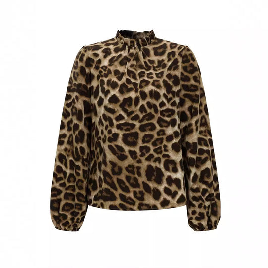 Damen Bluse mit elegantem Leopardenmuster und Rüschenkragen R&B