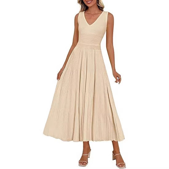 Damen Plisseekleid mit V-Ausschnitt und weitem Saum R&B
