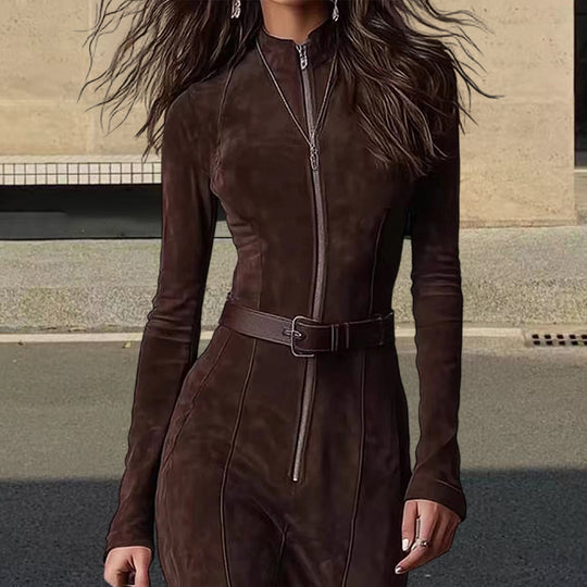 Damen Langarm Kleid mit Reißverschluss und seitlichen Schlitzen R&B